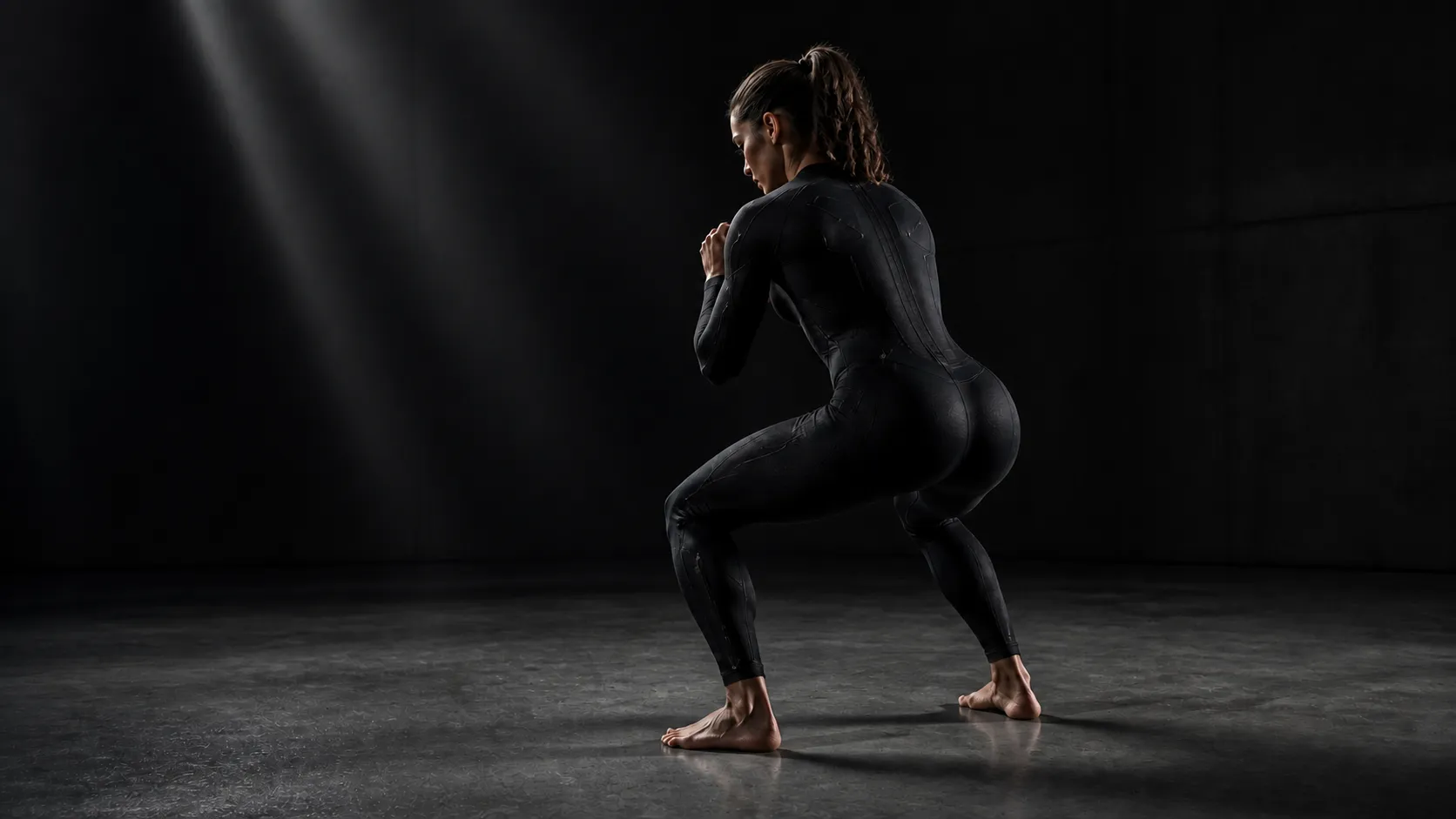 Athlete in a black Demson concept suit moving through a squat