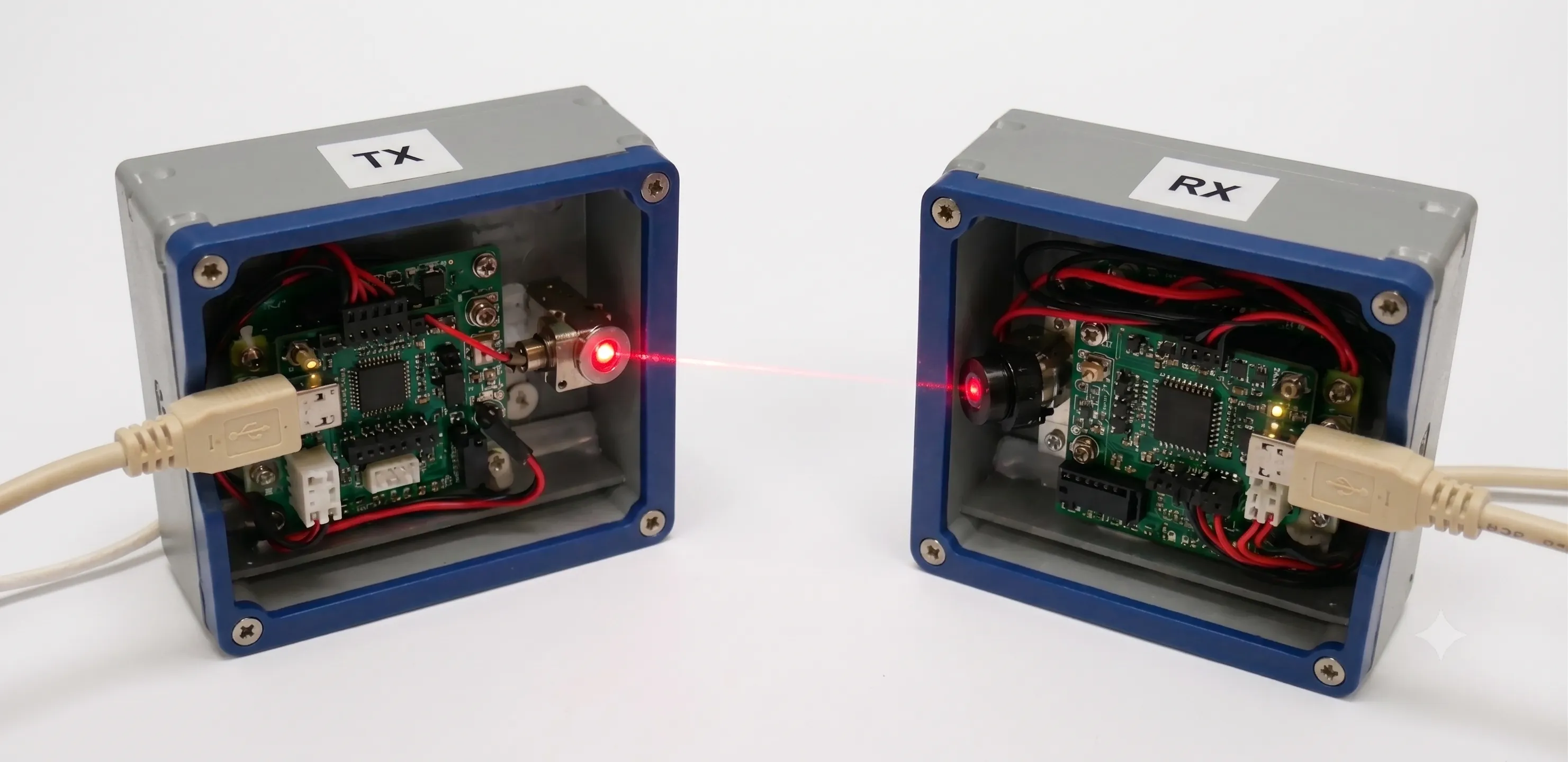 Laser transmitter and receiver modules communicating across an optical link