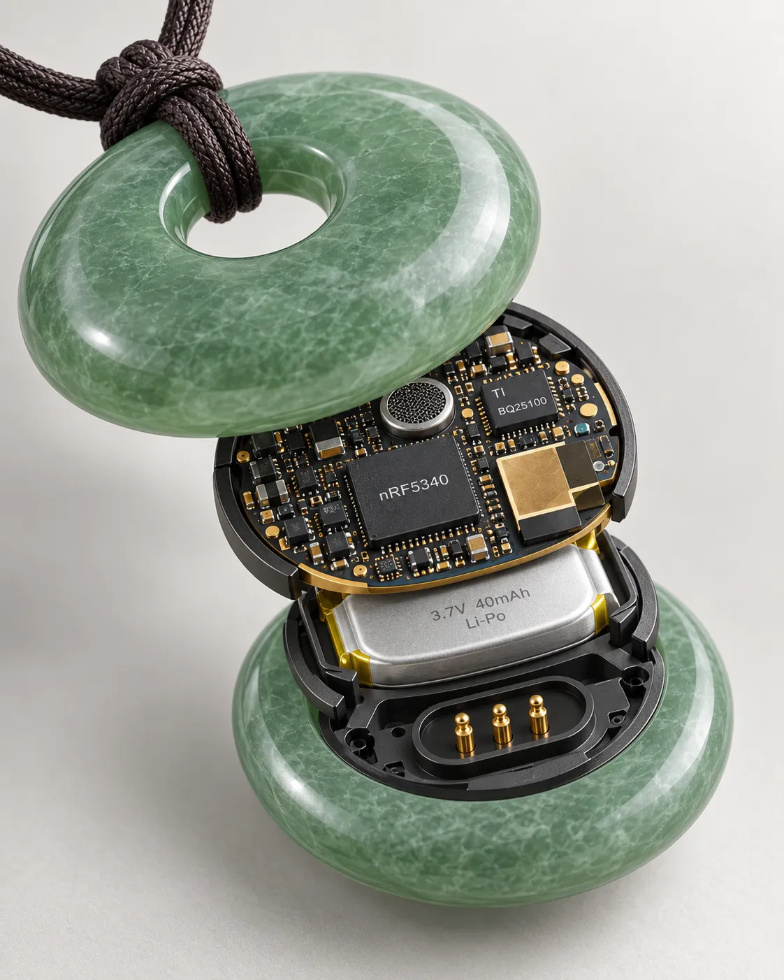 Close-up concept render of a green pendant with its circuit board and battery separated into layers
